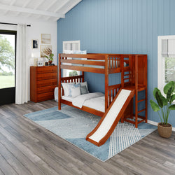 POOF CS : Play Bunk Beds Twin High Bunk Bed with Slide Platform, Slat, Chestnut