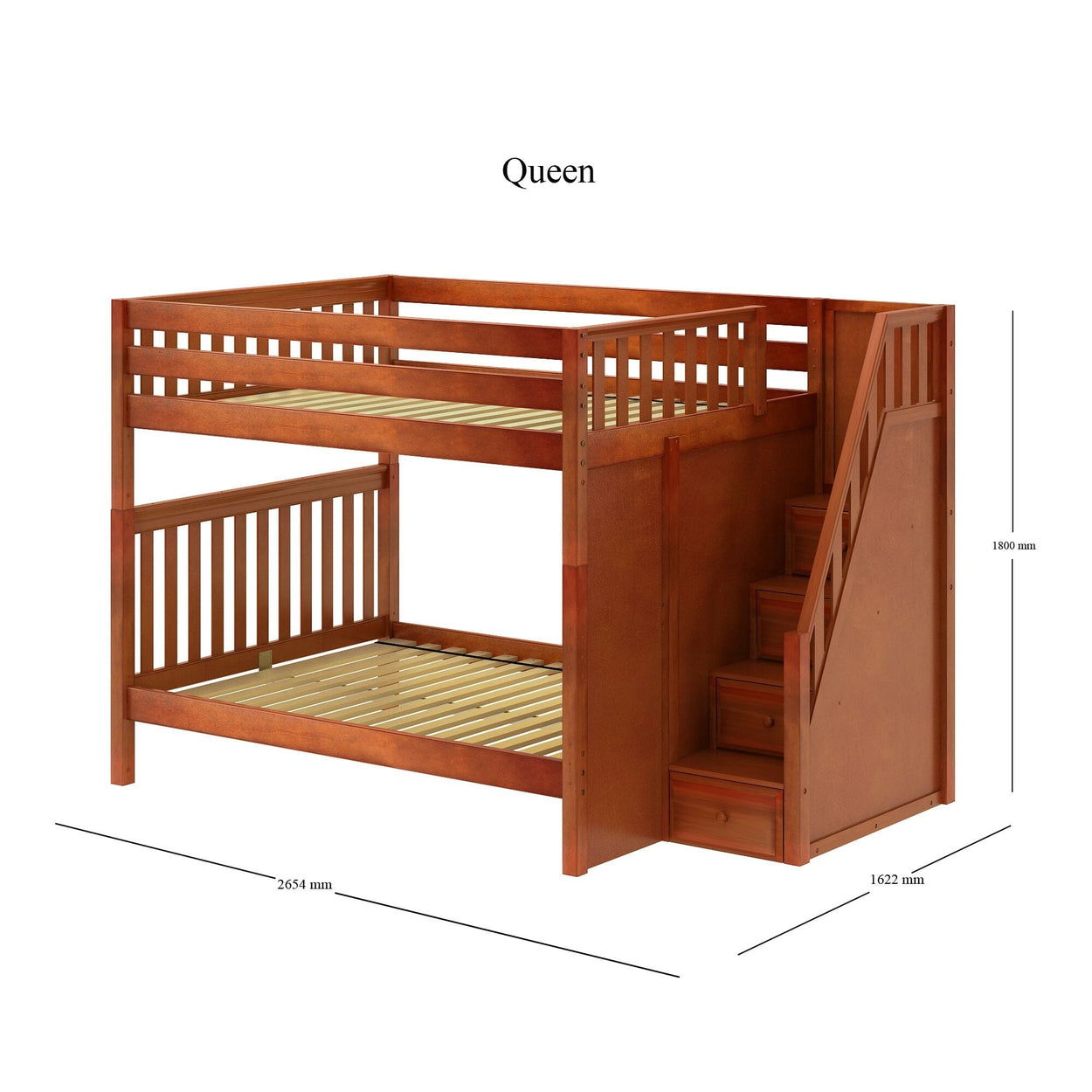 POPPER XL CS : Classic Bunk Beds Queen High Bunk Bed with Stairs, Slat, Chestnut