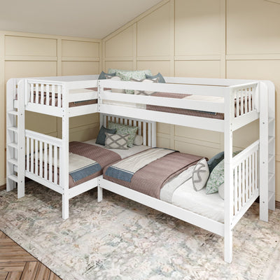 QUADRANT 1 WS : Multiple Bunk Beds Full + Twin High Corner Bunk with Straight Ladders on Ends, Slat, White