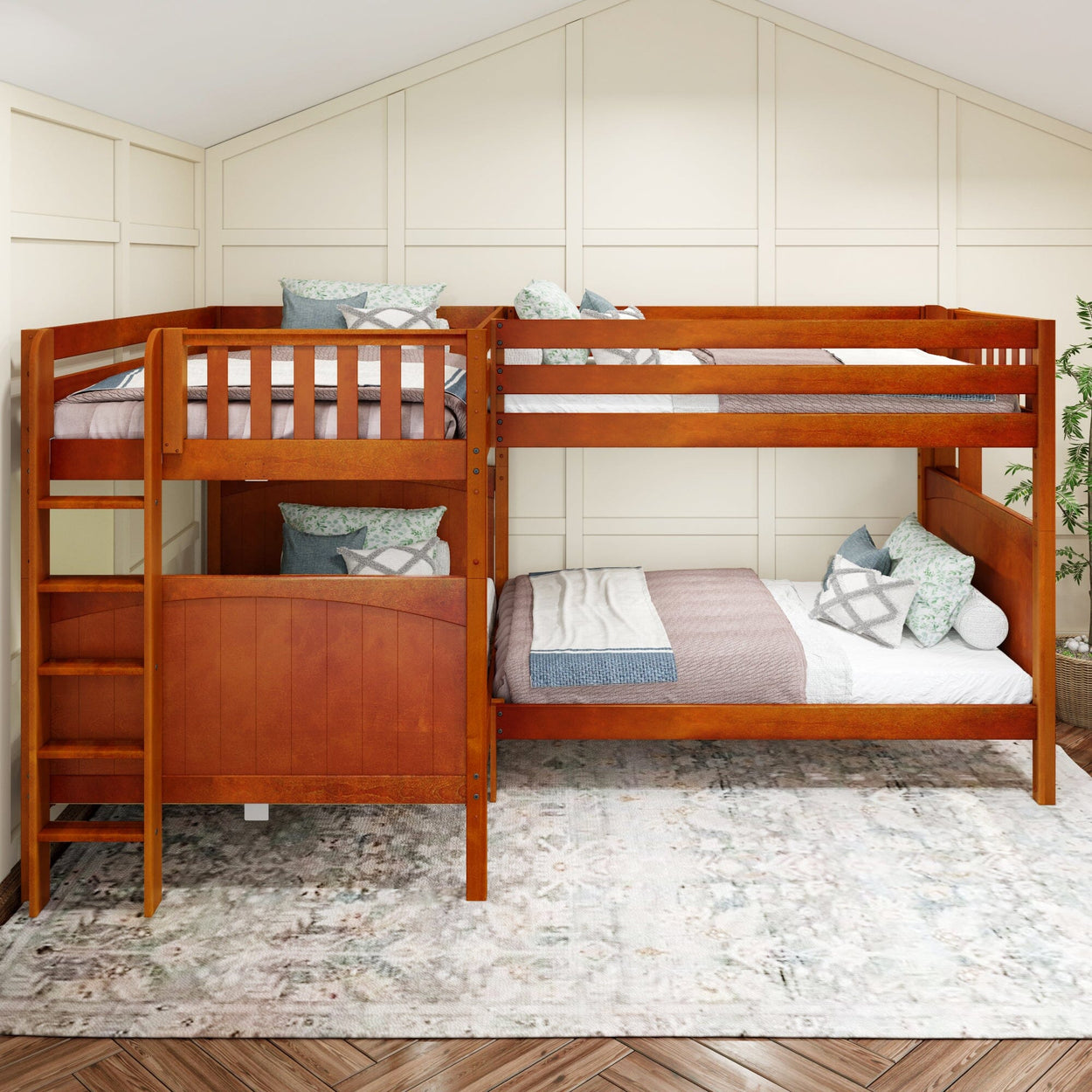 QUADRANT XL 1 CP : Multiple Bunk Beds Full XL + Twin XL High Corner Bunk with Straight Ladders on Ends, Chestnut, Panel