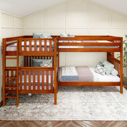 QUADRANT XL 1 CS : Multiple Bunk Beds Full XL + Twin XL High Corner Bunk with Straight Ladders on Ends, Slat, Chestnut