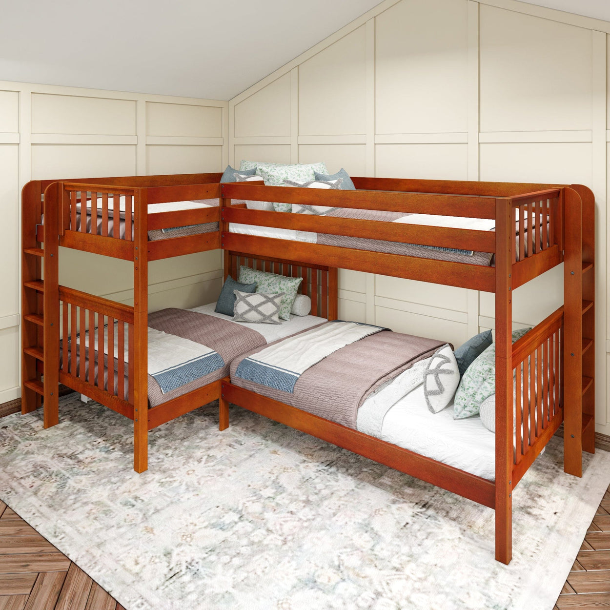 QUADRANT XL 1 CS : Multiple Bunk Beds Full XL + Twin XL High Corner Bunk with Straight Ladders on Ends, Slat, Chestnut