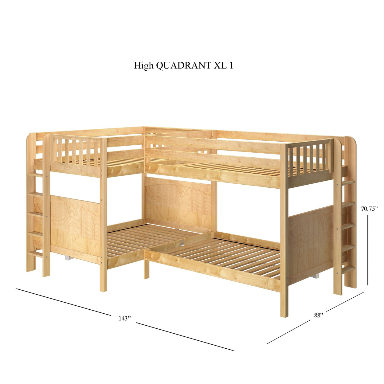 QUADRANT XL 1 NP : Multiple Bunk Beds Full XL + Twin XL High Corner Bunk with Straight Ladders on Ends, Natural, Panel