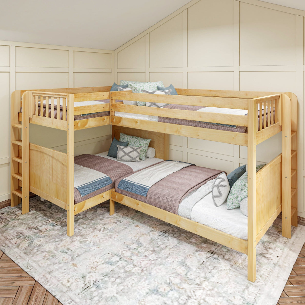 QUADRANT XL 1 NP : Multiple Bunk Beds Full XL + Twin XL High Corner Bunk with Straight Ladders on Ends, Natural, Panel