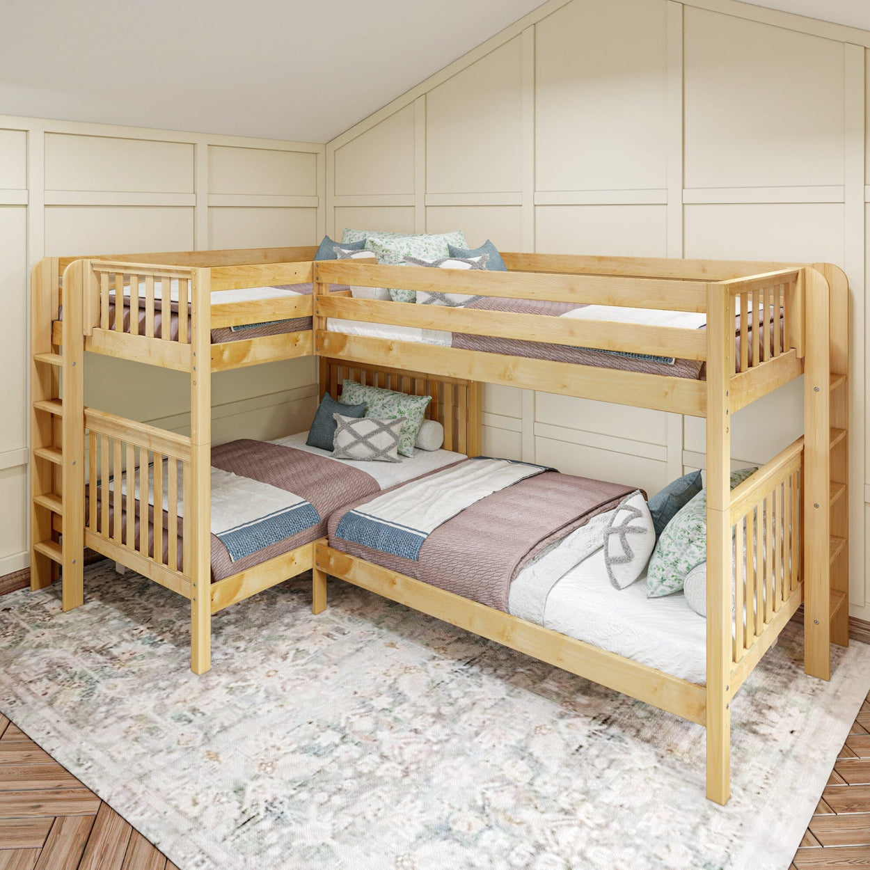 QUADRANT XL 1 NS : Multiple Bunk Beds Full XL + Twin XL High Corner Bunk with Straight Ladders on Ends, Slat, Natural