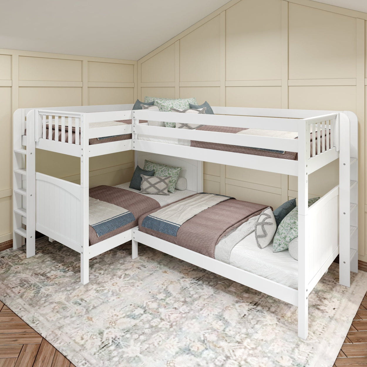 QUADRANT XL 1 WP : Multiple Bunk Beds Full XL + Twin XL High Corner Bunk with Straight Ladders on Ends, White, Panel