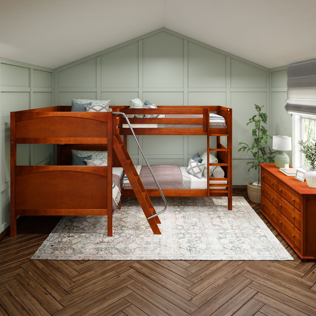 QUADRANT XL CP : Multiple Bunk Beds Twin XL over Full XL High Corner Bunk Bed with Angled and Straight Ladder, Panel, Chestnut