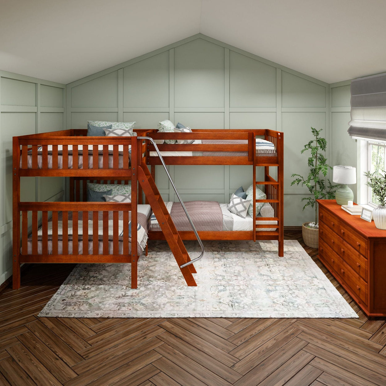 QUADRANT XL CS : Multiple Bunk Beds Twin XL over Full XL High Corner Bunk Bed with Angled and Straight Ladder, Slat, Chestnut