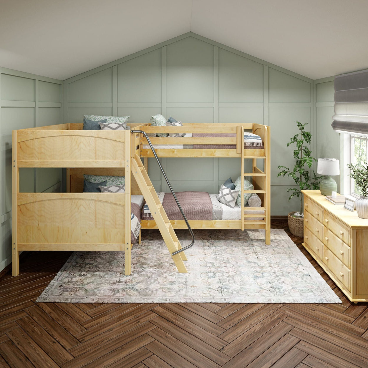 QUADRANT XL NP : Multiple Bunk Beds Twin XL over Full XL High Corner Bunk Bed with Angled and Straight Ladder, Panel, Natural