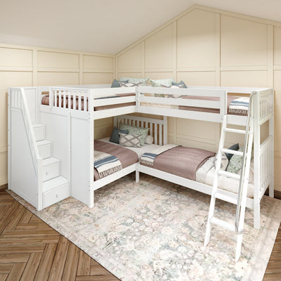 QUADRIVIAL XL WS : Multiple Bunk Beds Queen High Corner Bunk Bed with Ladder + Stairs - L, White