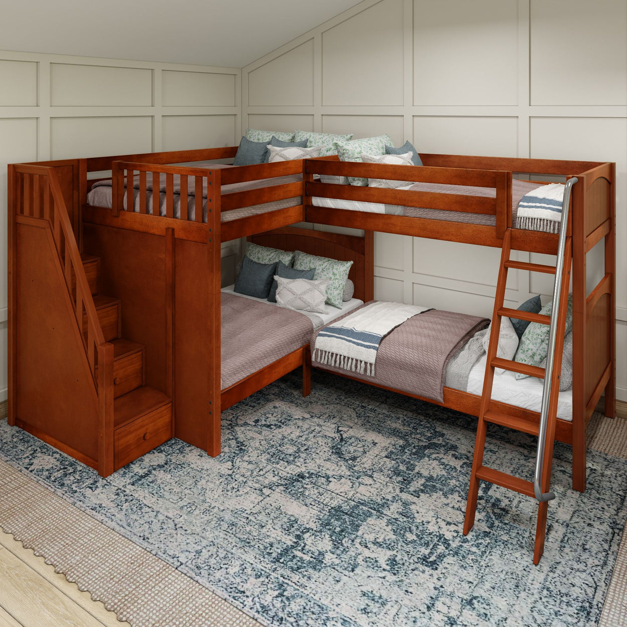 QUADRUPLE XL CP : Multiple Bunk Beds Full XL + Twin XL High Corner Bunk with Angled Ladder and Stairs on Left, Panel, Chestnut