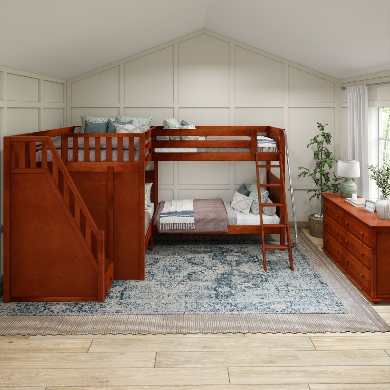 QUADRUPLE XL CP : Multiple Bunk Beds Full XL + Twin XL High Corner Bunk with Angled Ladder and Stairs on Left, Panel, Chestnut