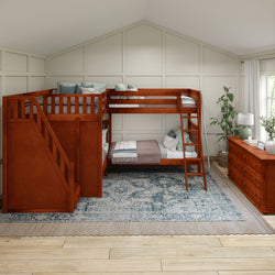 QUADRUPLE XL CS : Multiple Bunk Beds Full XL + Twin XL High Corner Bunk with Angled Ladder and Stairs on Left, Slat, Chestnut