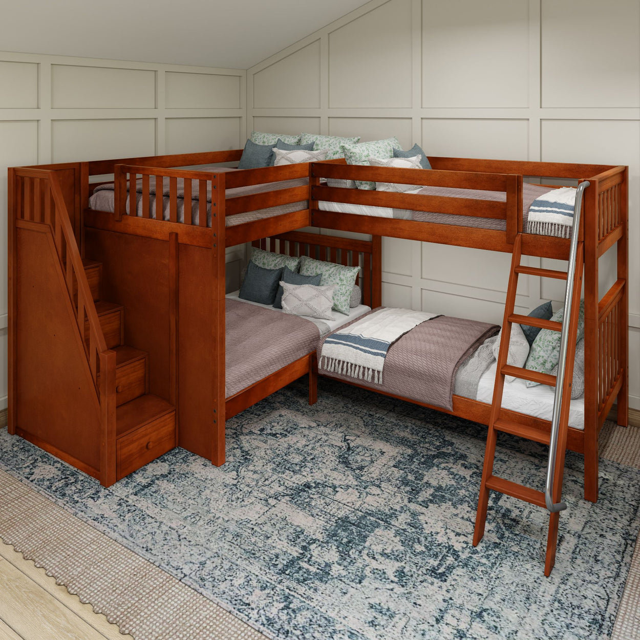 QUADRUPLE XL CS : Multiple Bunk Beds Full XL + Twin XL High Corner Bunk with Angled Ladder and Stairs on Left, Slat, Chestnut