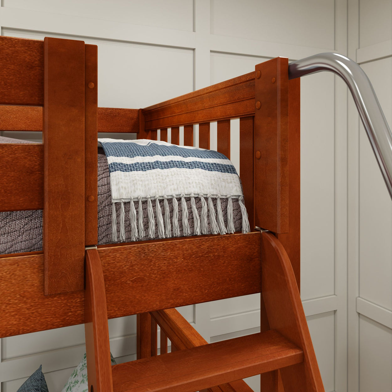 QUADRUPLE XL CS : Multiple Bunk Beds Full XL + Twin XL High Corner Bunk with Angled Ladder and Stairs on Left, Slat, Chestnut