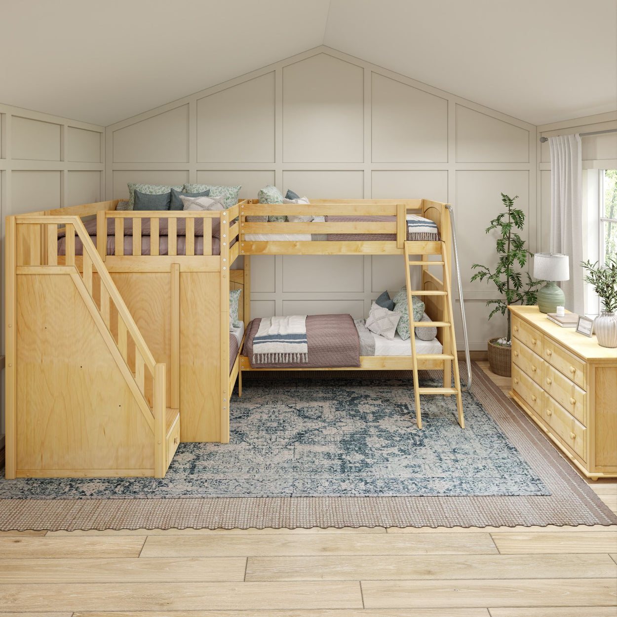 QUADRUPLE XL NP : Multiple Bunk Beds Full XL + Twin XL High Corner Bunk with Angled Ladder and Stairs on Left, Panel, Natural