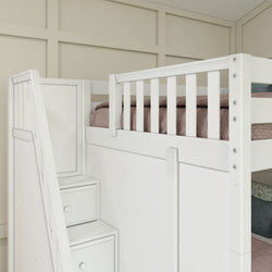 QUADRUPLE XL WP : Multiple Bunk Beds Full XL + Twin XL High Corner Bunk with Angled Ladder and Stairs on Left, Panel, White