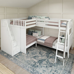 QUADRUPLE XL WS : Multiple Bunk Beds Full XL + Twin XL High Corner Bunk with Angled Ladder and Stairs on Left, Slat, White