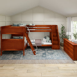 QUANTUM XL CP : Multiple Bunk Beds Full XL + Twin XL High Corner Bunk with Angled Ladder and Stairs on Right, Chestnut, Panel