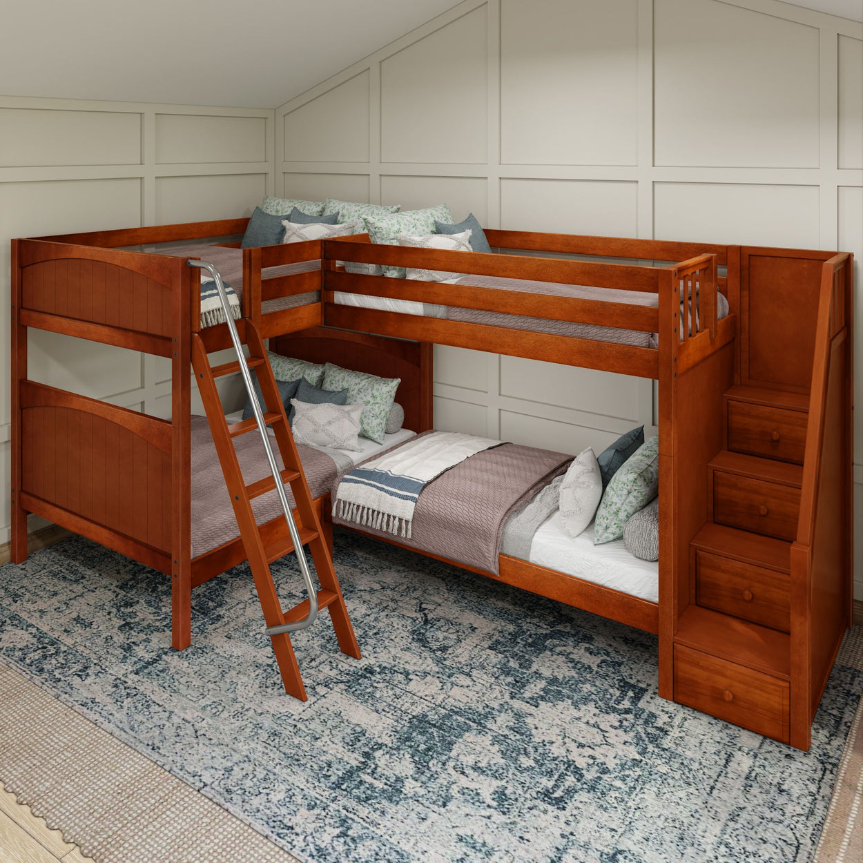 QUANTUM XL CP : Multiple Bunk Beds Full XL + Twin XL High Corner Bunk with Angled Ladder and Stairs on Right, Chestnut, Panel