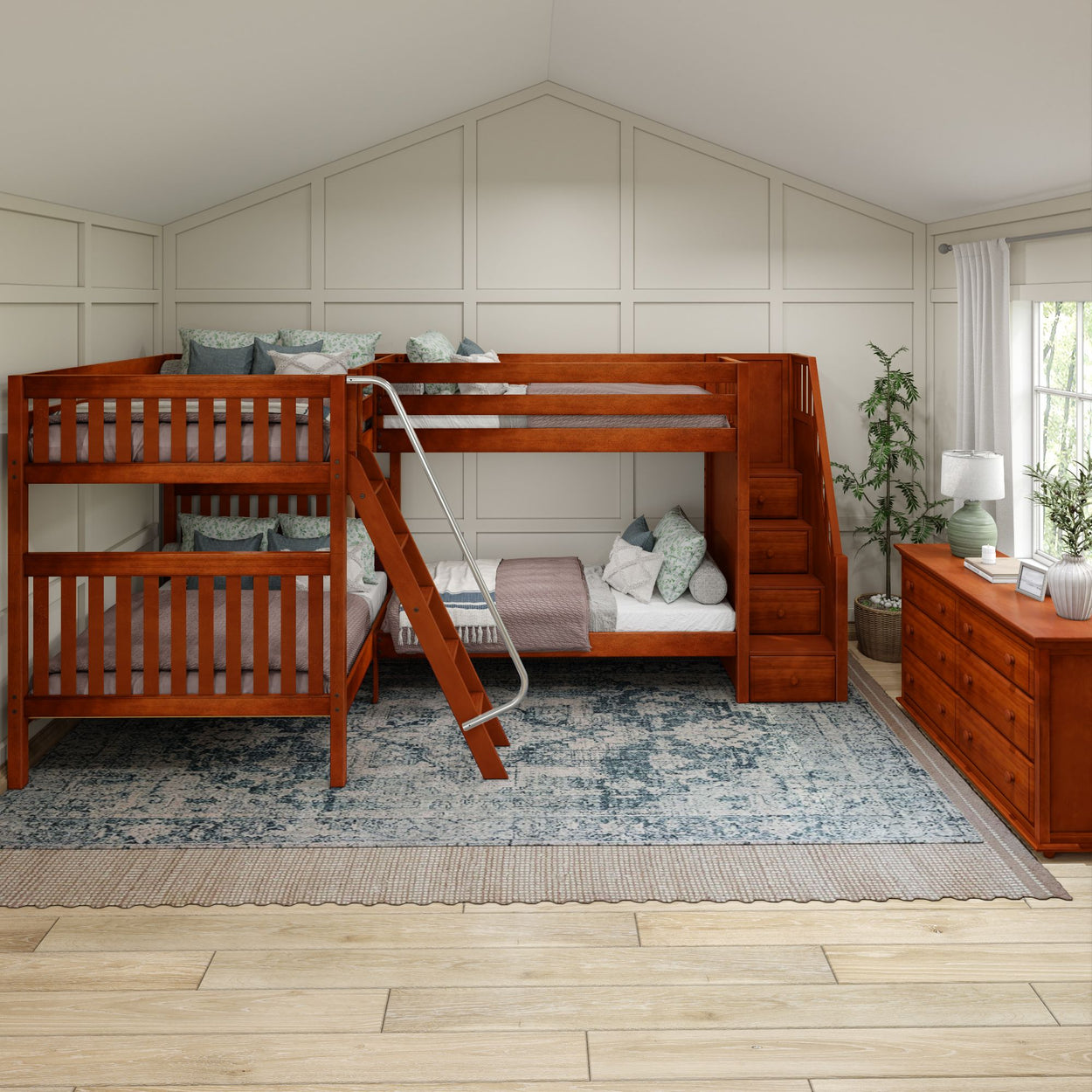 QUANTUM XL CS : Multiple Bunk Beds Full XL + Twin XL High Corner Bunk with Angled Ladder and Stairs on Right, Slat, Chestnut