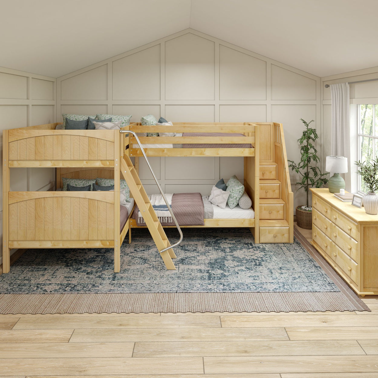 QUANTUM XL NP : Multiple Bunk Beds Full XL + Twin XL High Corner Bunk with Angled Ladder and Stairs on Right, Natural, Panel