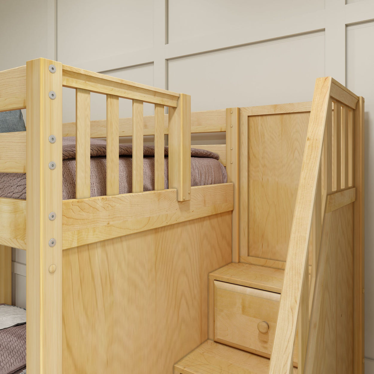 QUANTUM XL NP : Multiple Bunk Beds Full XL + Twin XL High Corner Bunk with Angled Ladder and Stairs on Right, Natural, Panel