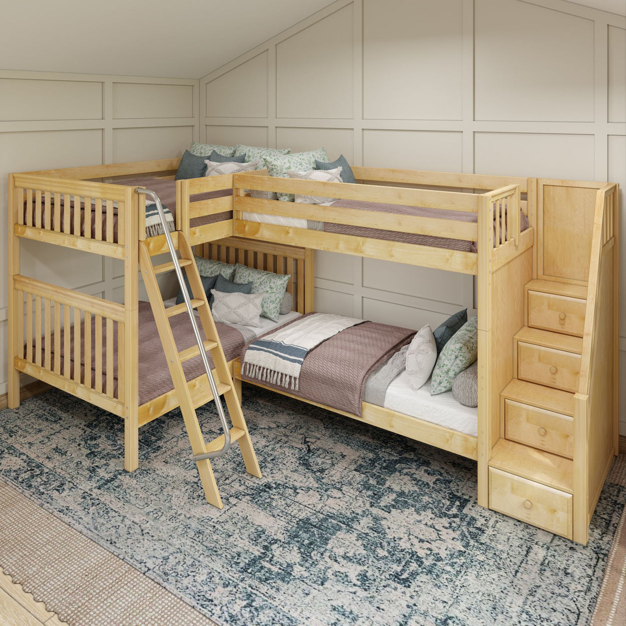 QUANTUM XL NS : Multiple Bunk Beds Full XL + Twin XL High Corner Bunk with Angled Ladder and Stairs on Right, Slat, Natural