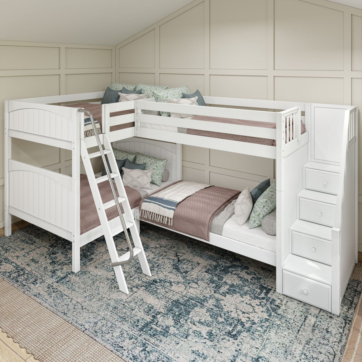 QUANTUM XL WP : Multiple Bunk Beds Full XL + Twin XL High Corner Bunk with Angled Ladder and Stairs on Right, White, Panel