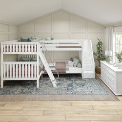 QUANTUM XL WS : Multiple Bunk Beds Full XL + Twin XL High Corner Bunk with Angled Ladder and Stairs on Right, Slat, White