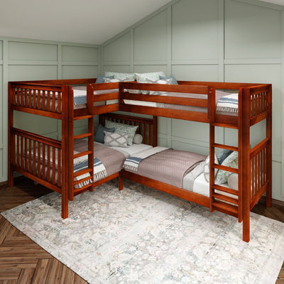 QUART XL CS : Multiple Bunk Beds High Corner Bunk Bed - Queen over Queen + Twin XL over Twin XL, Slat, Chestnut