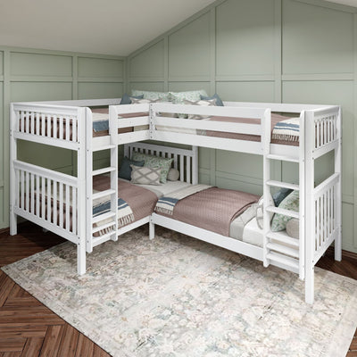 QUART XL WS : Multiple Bunk Beds High Corner Bunk Bed - Queen over Queen + Twin XL over Twin XL, Slat, White