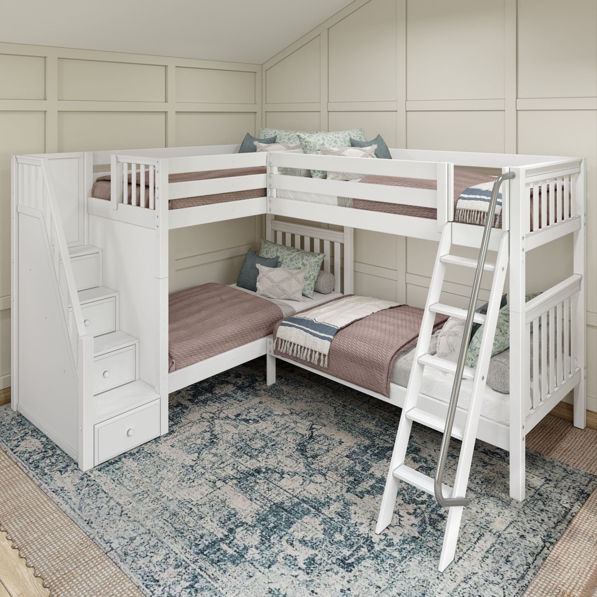 Twin High Corner Bunk with Angled Ladder and Stairs – Maxtrix Kids