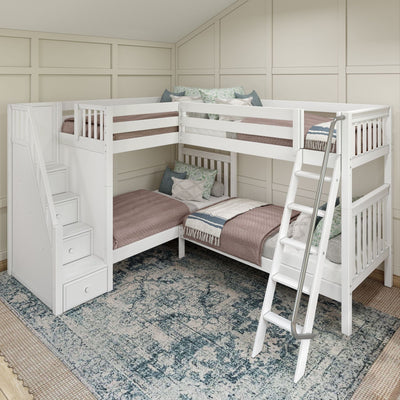 QUARTILE WS : Multiple Bunk Beds Twin High Corner Bunk Bed with Angled Ladder and Stairs on Left, Slat, White