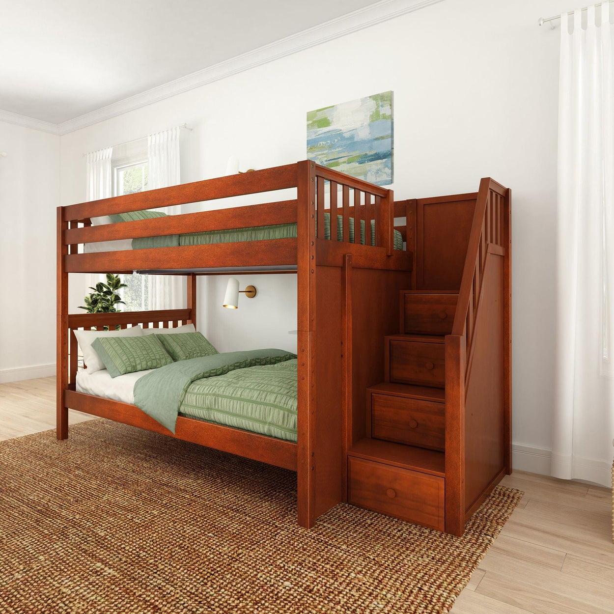 QUASAR CS : Bunk Bed Full Medium Bunk Bed with Stairs, Slat, Chestnut