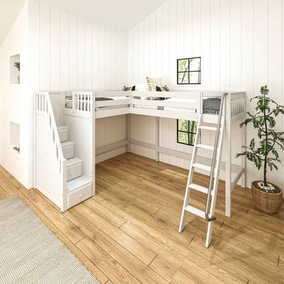 ROOFTOP WS : Corner Loft Beds Twin High Corner Loft with Angled Ladder and Stairs on Left, Slat, White