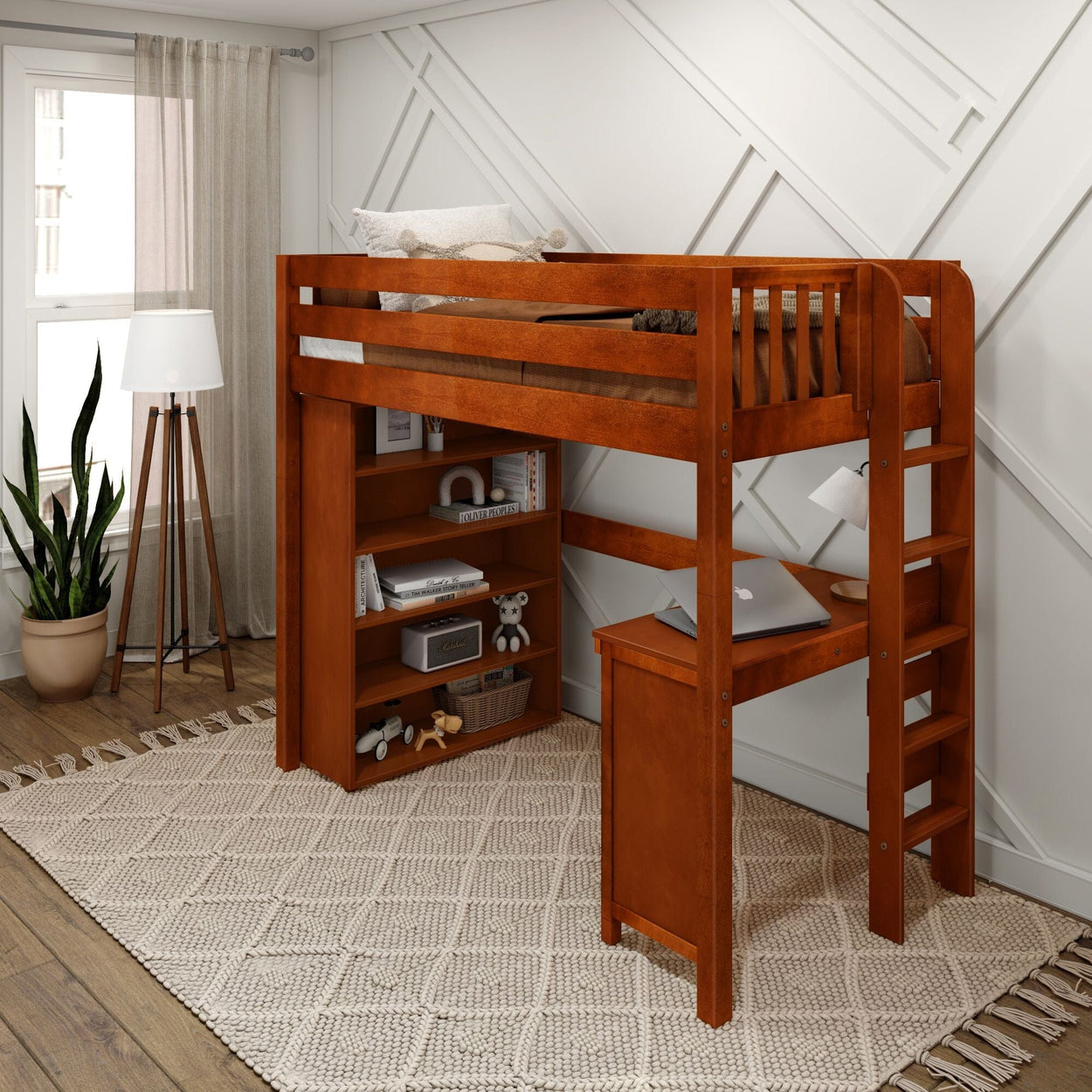 SLAM2 CS : Study Loft Beds Twin High Loft Bed with Straight Ladder on end, Storage + Desk, Slat, Chestnut