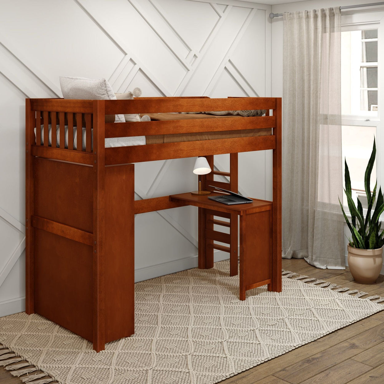 SLAM2 CS : Study Loft Beds Twin High Loft Bed with Straight Ladder on end, Storage + Desk, Slat, Chestnut