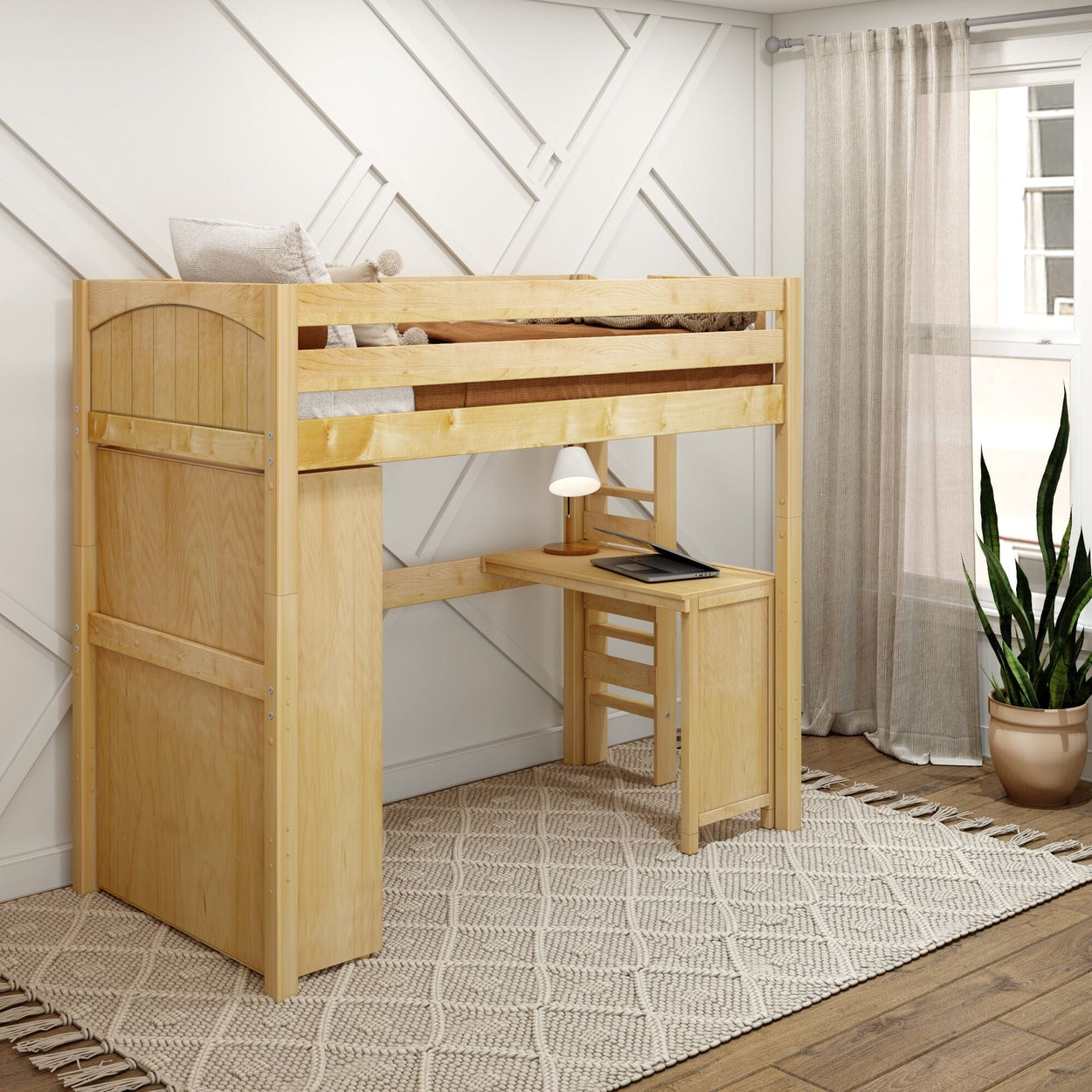 SLAM2 NP : Study Loft Beds Twin High Loft Bed with Straight Ladder on end, Storage + Desk, Panel, Natural