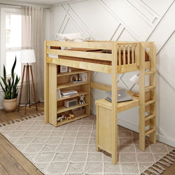 SLAM2 NS : Storage & Study Loft Beds Twin High Loft Bed with Straight Ladder on end, Storage + Desk, Slat, Natural