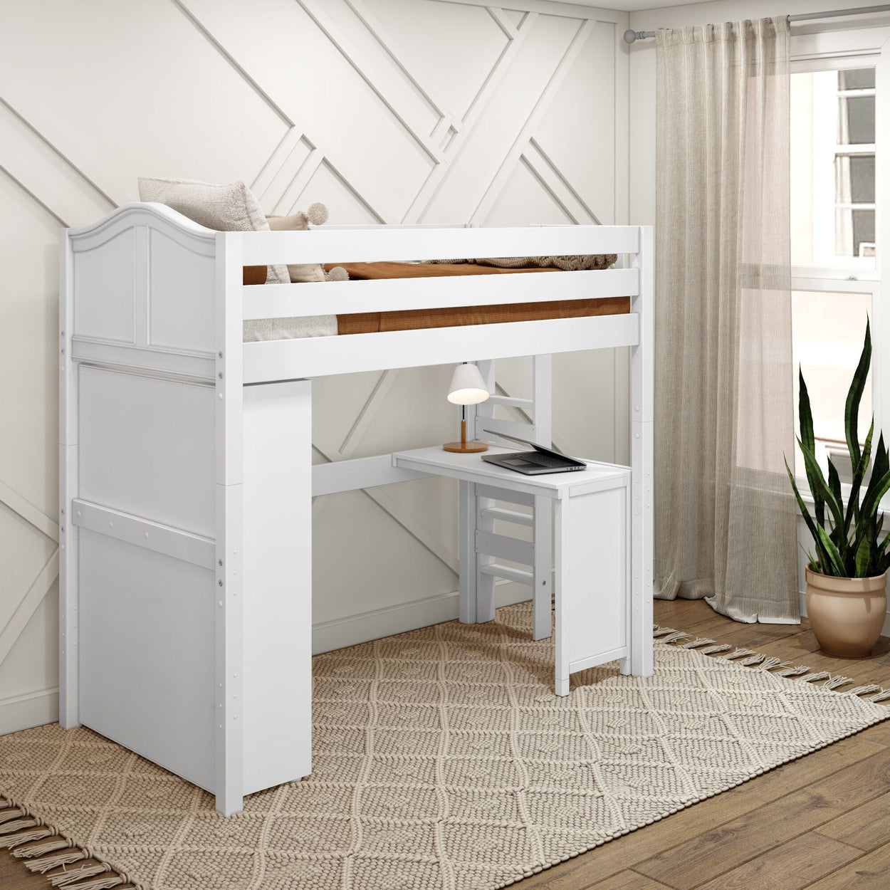 SLAM2 WC : Storage & Study Loft Beds Twin High Loft Bed with Straight Ladder on end, Storage + Desk, Curved, White