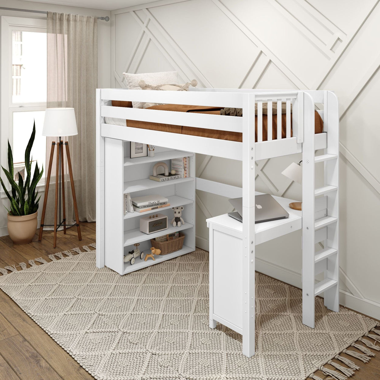 SLAM2 WP : Study Loft Beds Twin High Loft Bed with Straight Ladder on end, Storage + Desk, Panel, White