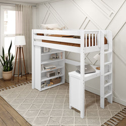 SLAM2 WP : Study Loft Beds Twin High Loft Bed with Straight Ladder on end, Storage + Desk, Panel, White