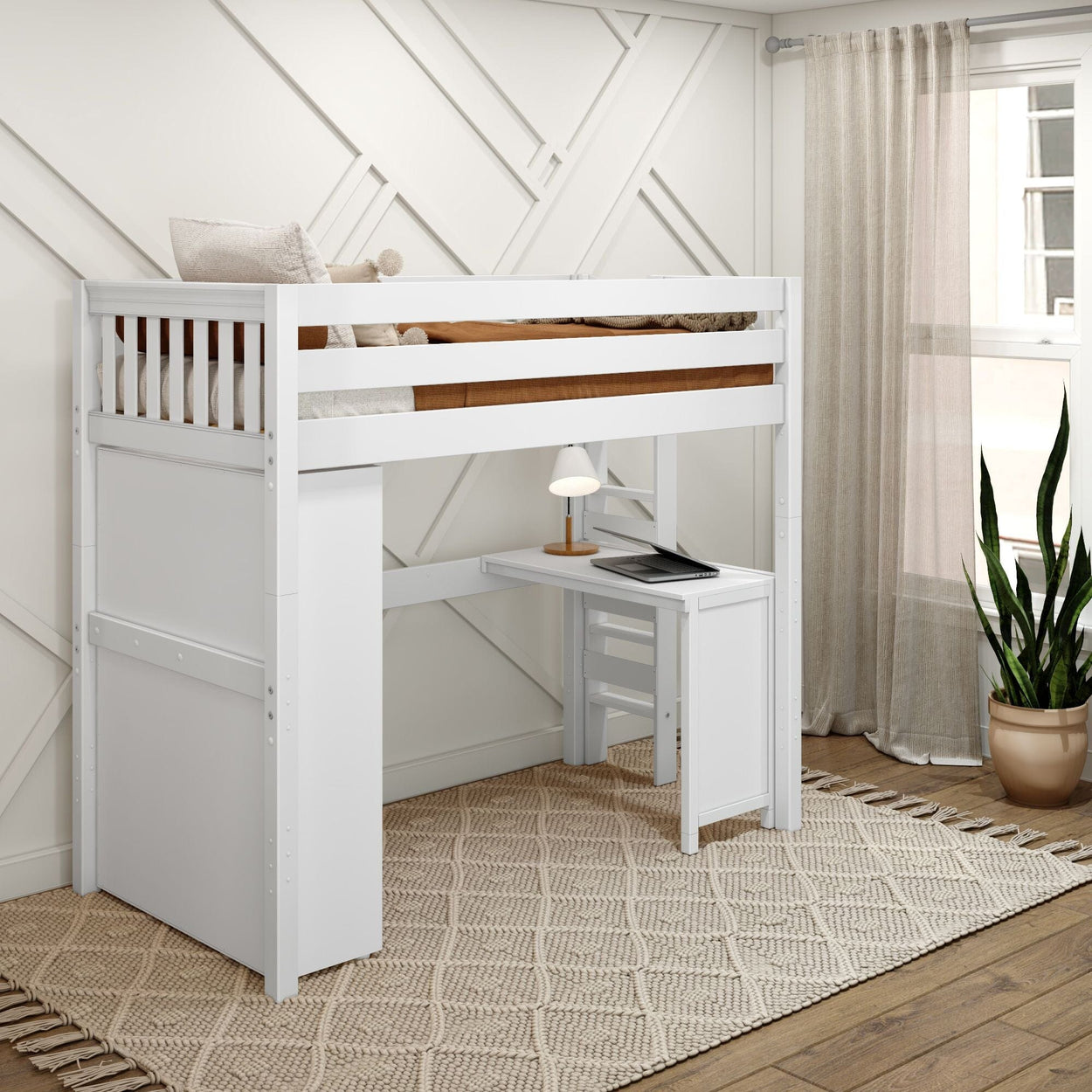 SLAM2 WS : Study Loft Beds Twin High Loft Bed with Straight Ladder on end, Storage + Desk, Slat, White