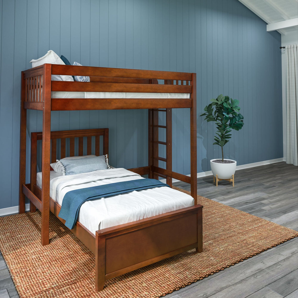 SLAM4 CS : Standard Loft Beds Twin High Loft Bed with Straight Ladder on End + Twin Bed, Slat, Chestnut