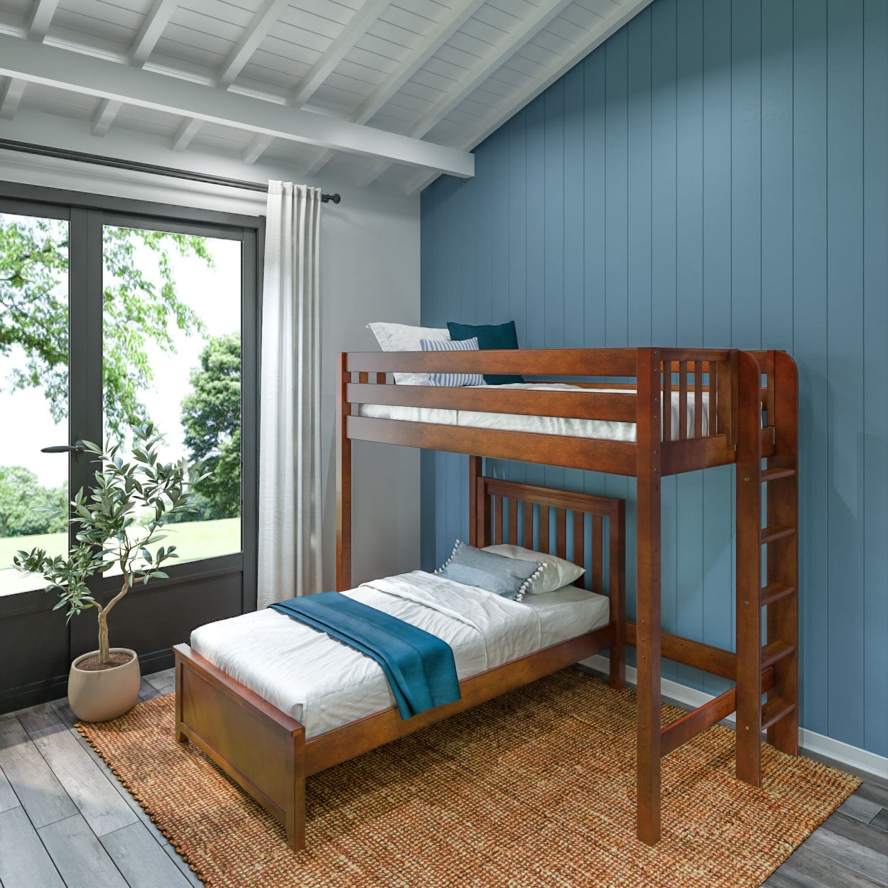 SLAM4 CS : Standard Loft Beds Twin High Loft Bed with Straight Ladder on End + Twin Bed, Slat, Chestnut