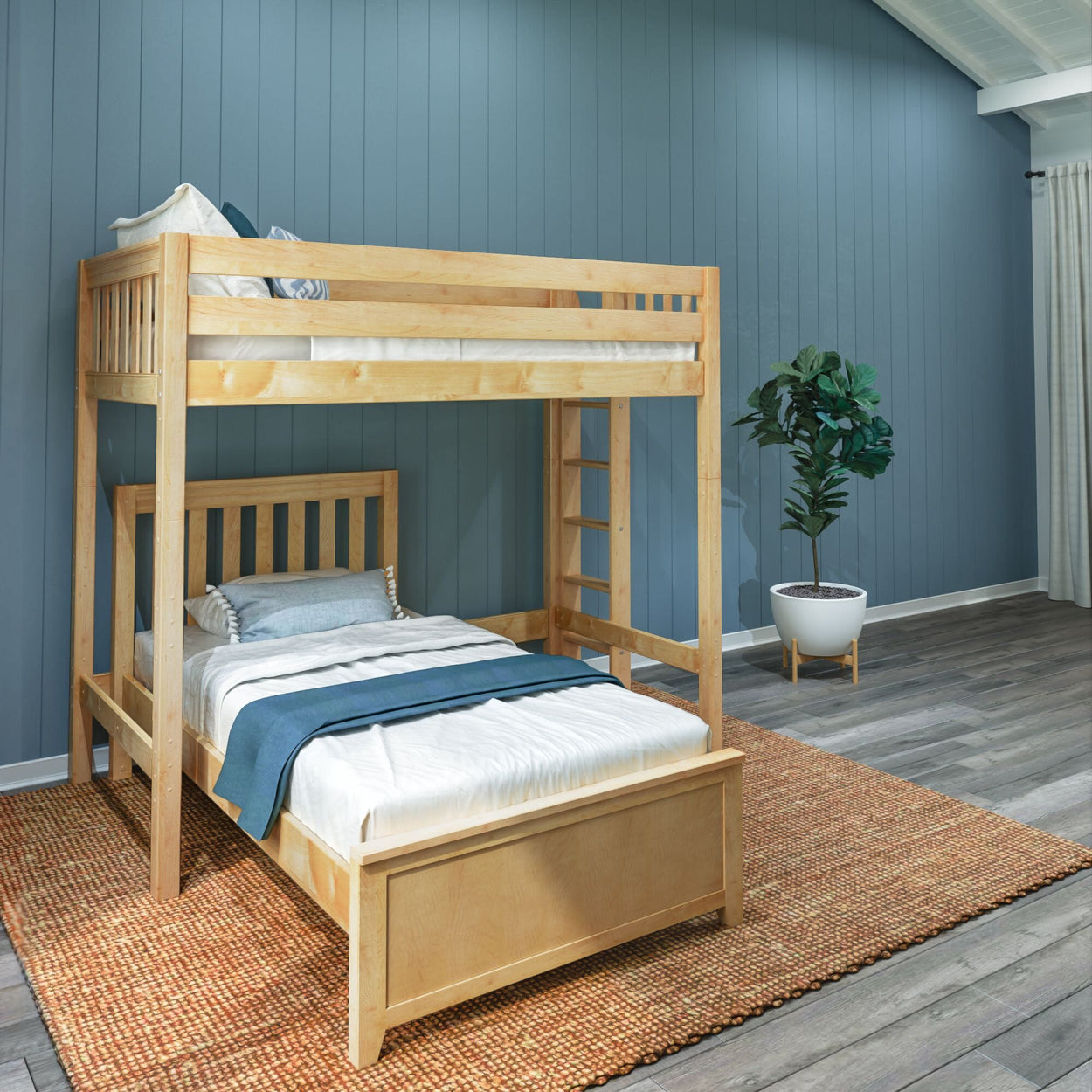 SLAM4 NS : Standard Loft Beds Twin High Loft Bed with Straight Ladder on End + Twin Bed, Slat, Natural