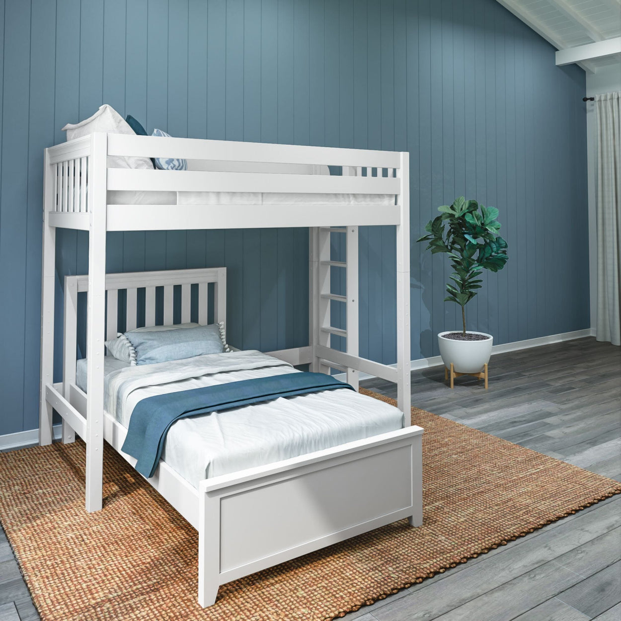 SLAM4 WS : Standard Loft Beds Twin High Loft Bed with Straight Ladder on End + Tiwn Bed, Slat, White