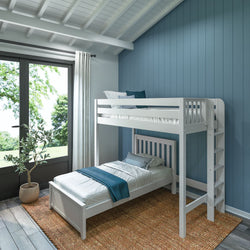 SLAM4 WS : Standard Loft Beds Twin High Loft Bed with Straight Ladder on End + Tiwn Bed, Slat, White