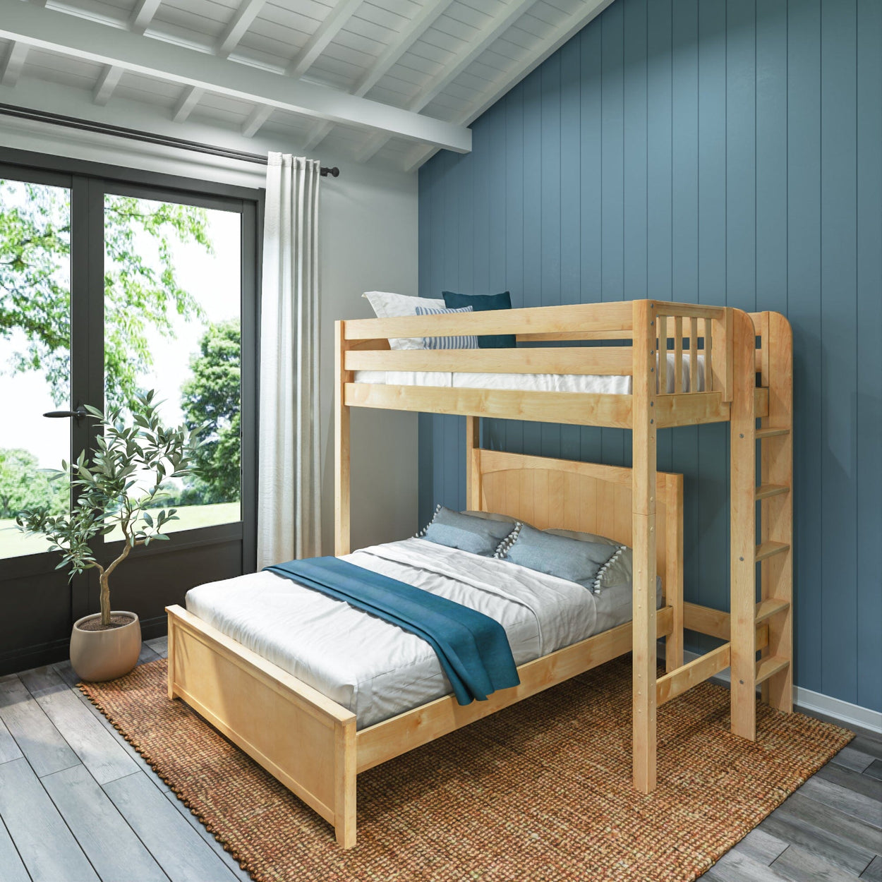 SLAM5 NP : Standard Loft Beds Twin High Loft Bed with Straight Ladder on End + Full Bed, Panel, Natural